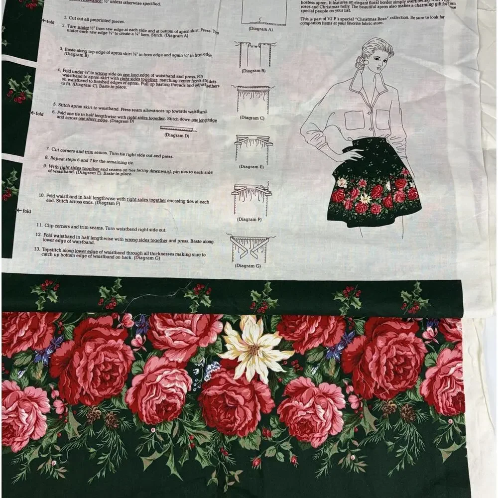 Vtg VIP Christmas Rose Apron Cut & Sew Fabric Panel Floral Holly Holiday Green